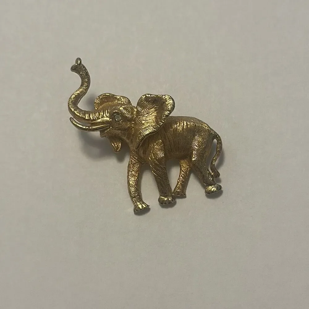 Vintage Napier Good Luck Elephant Brooch Pin Gold Tone Rhinestone